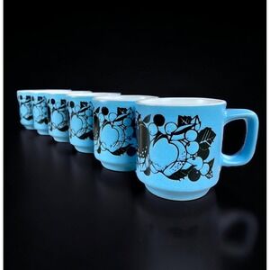 6 Vintage Robin Egg Blue Stoneware Coffee Mugs Embossed Fruit White Interior